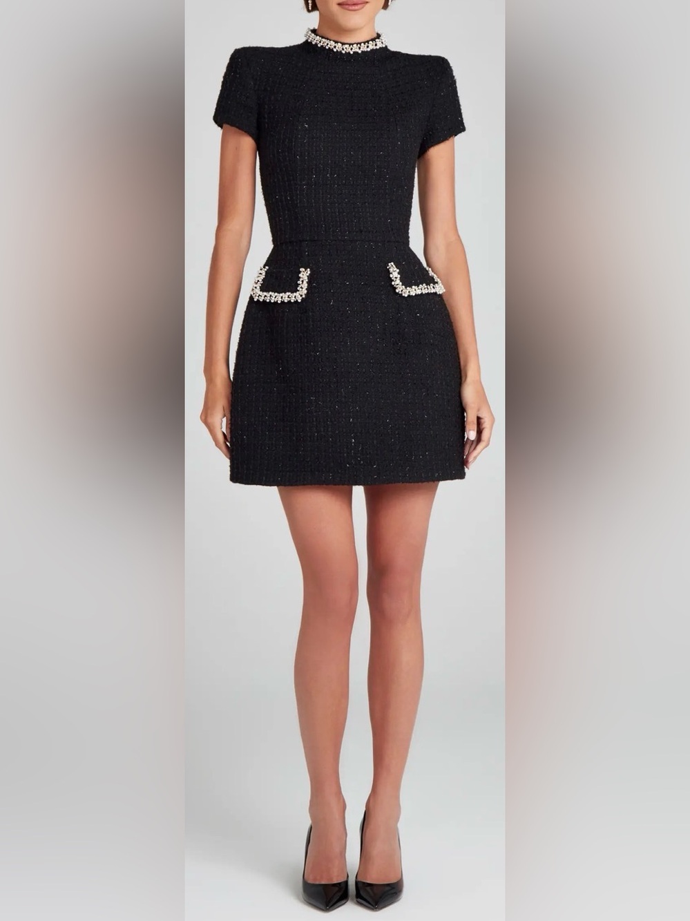 NEW NADINE MERABI Simone Embellished Trim Shimmer Tweed Black Minidress Sz 8
